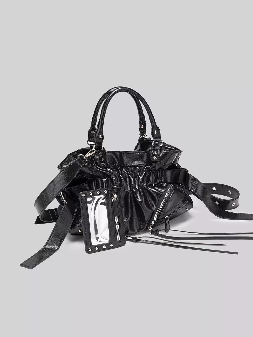 Patent Leather Ruched Crossbody Bag with Detachable Card Holder, image 4