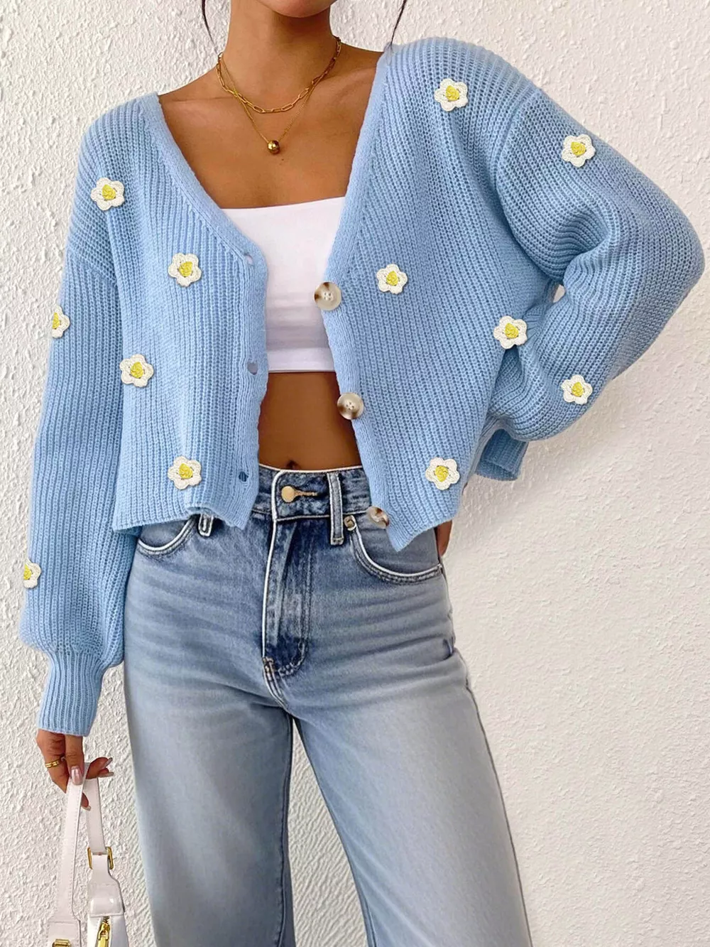 Floral V-Neck Button-Down Cropped Cardigan, image 9