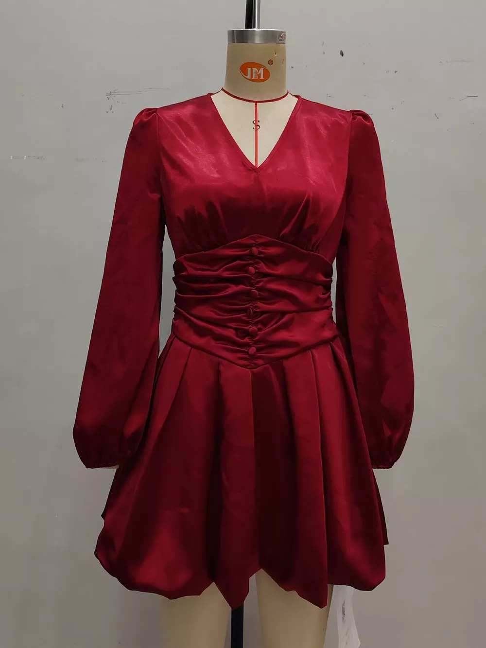 Ruched V-Neck Balloon Sleeve Dress, image 3