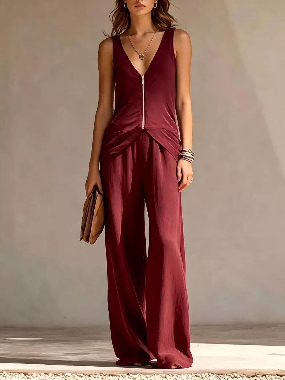 Full Size Zipper Front Tank and Wide-Leg Pants Set Plus Size, image 5