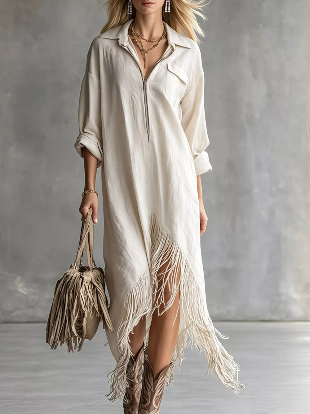 Zipper-Front Fringe Hem Midi Dress, image 2
