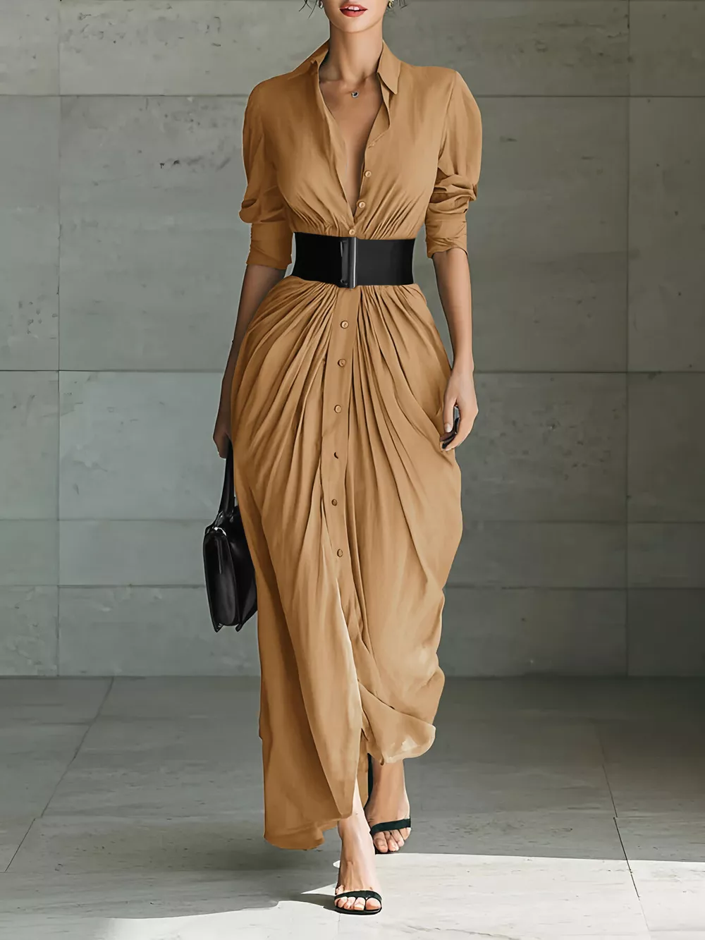 Full Size Button Front Ruched Shirt Maxi Dress Plus Size, image 2