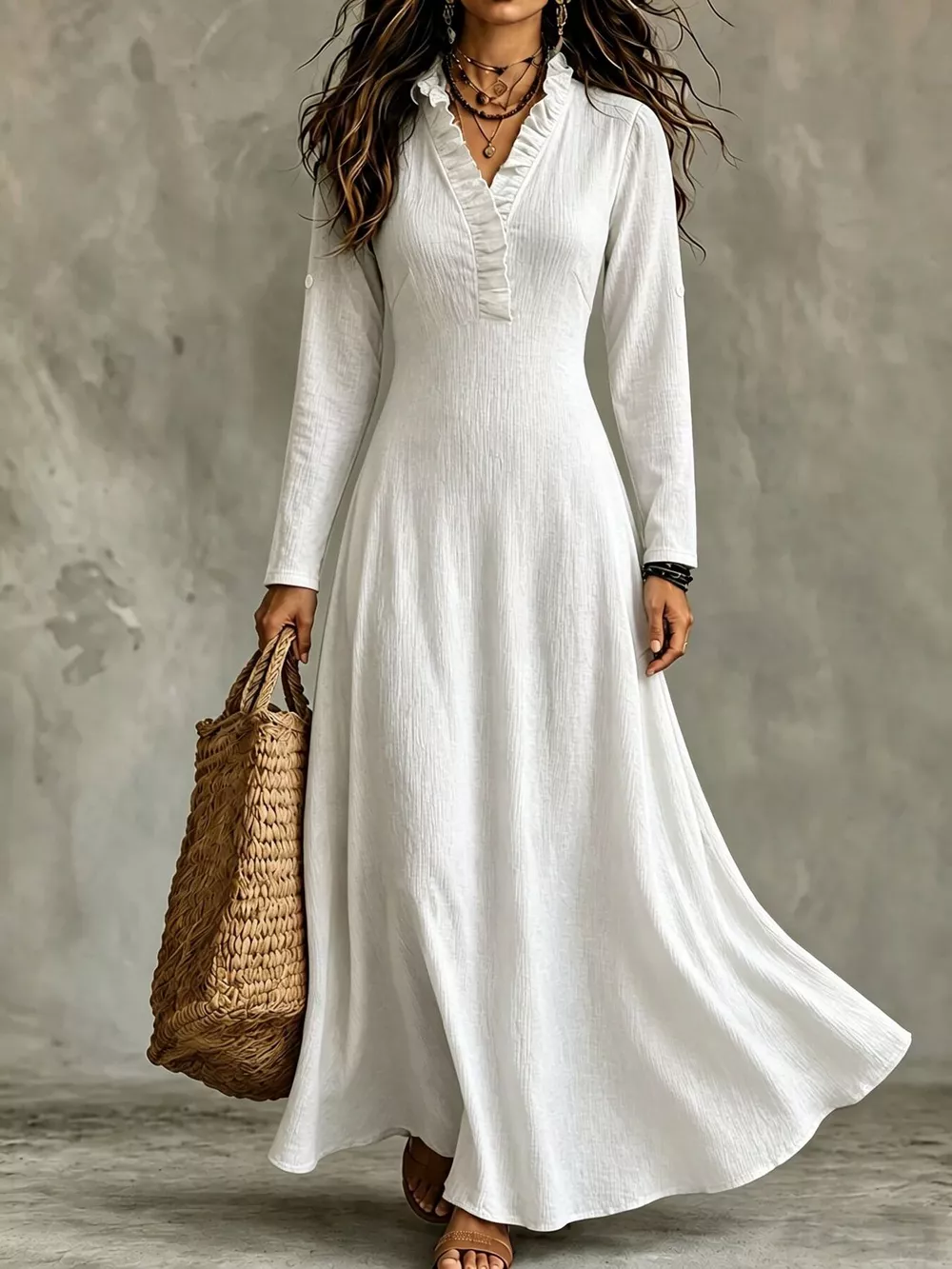 Full Size V-Neck Maxi Dress with Roll-Up Sleeves Plus Size, image 13