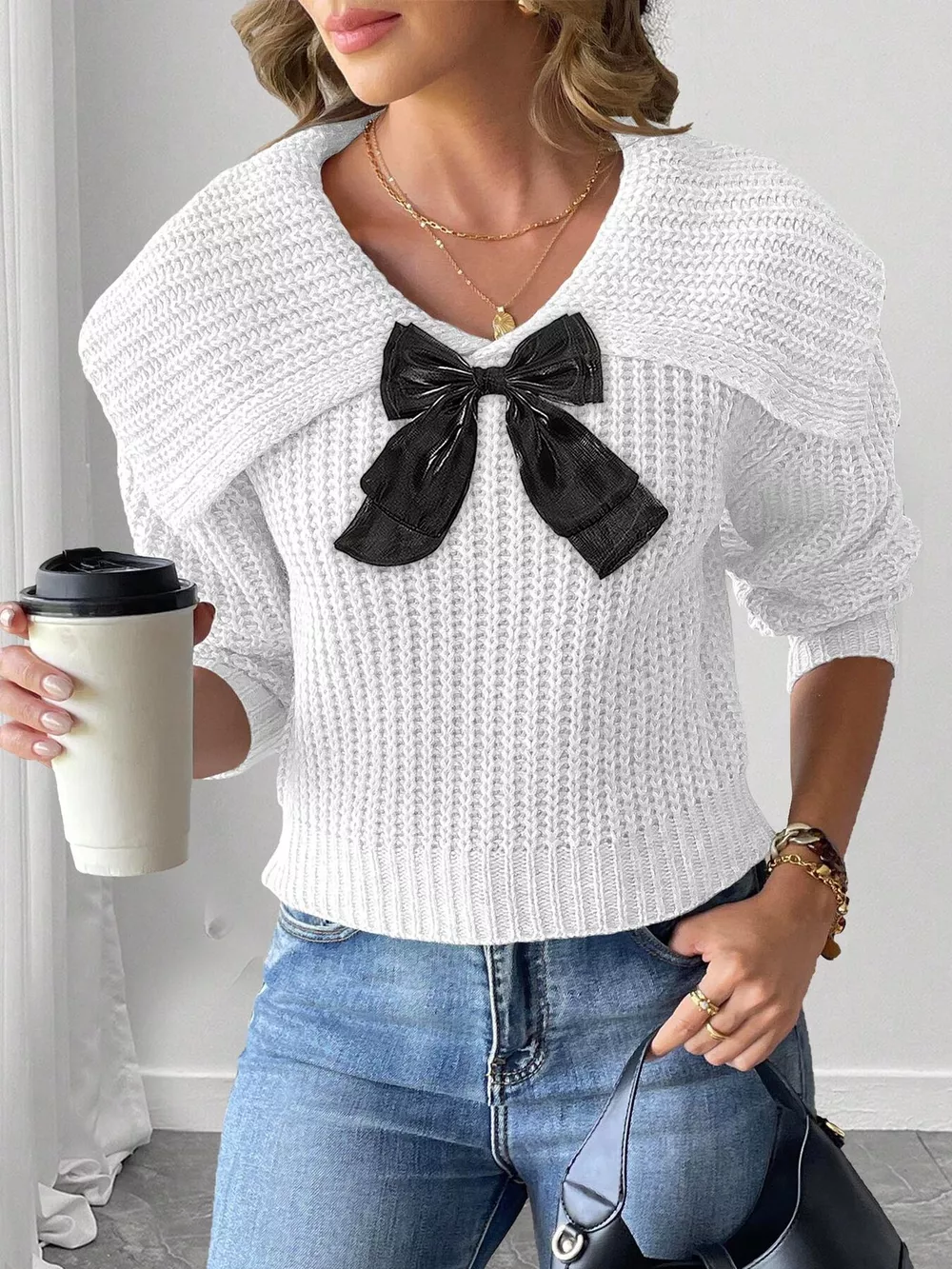 Contrast Bow Long Sleeve Sweater, image 4