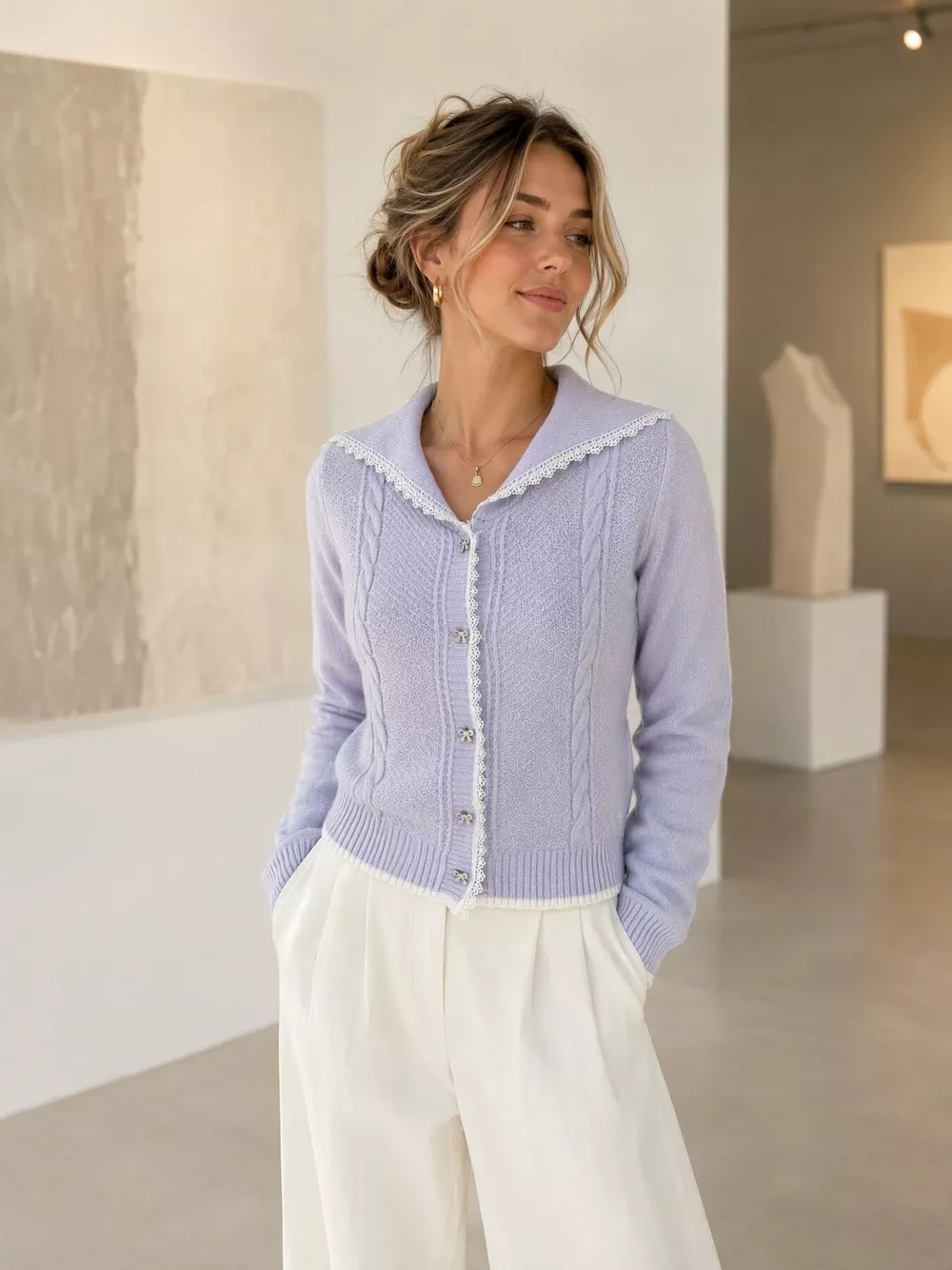 Cable-Knit Cardigan with Lace Trim, image 3