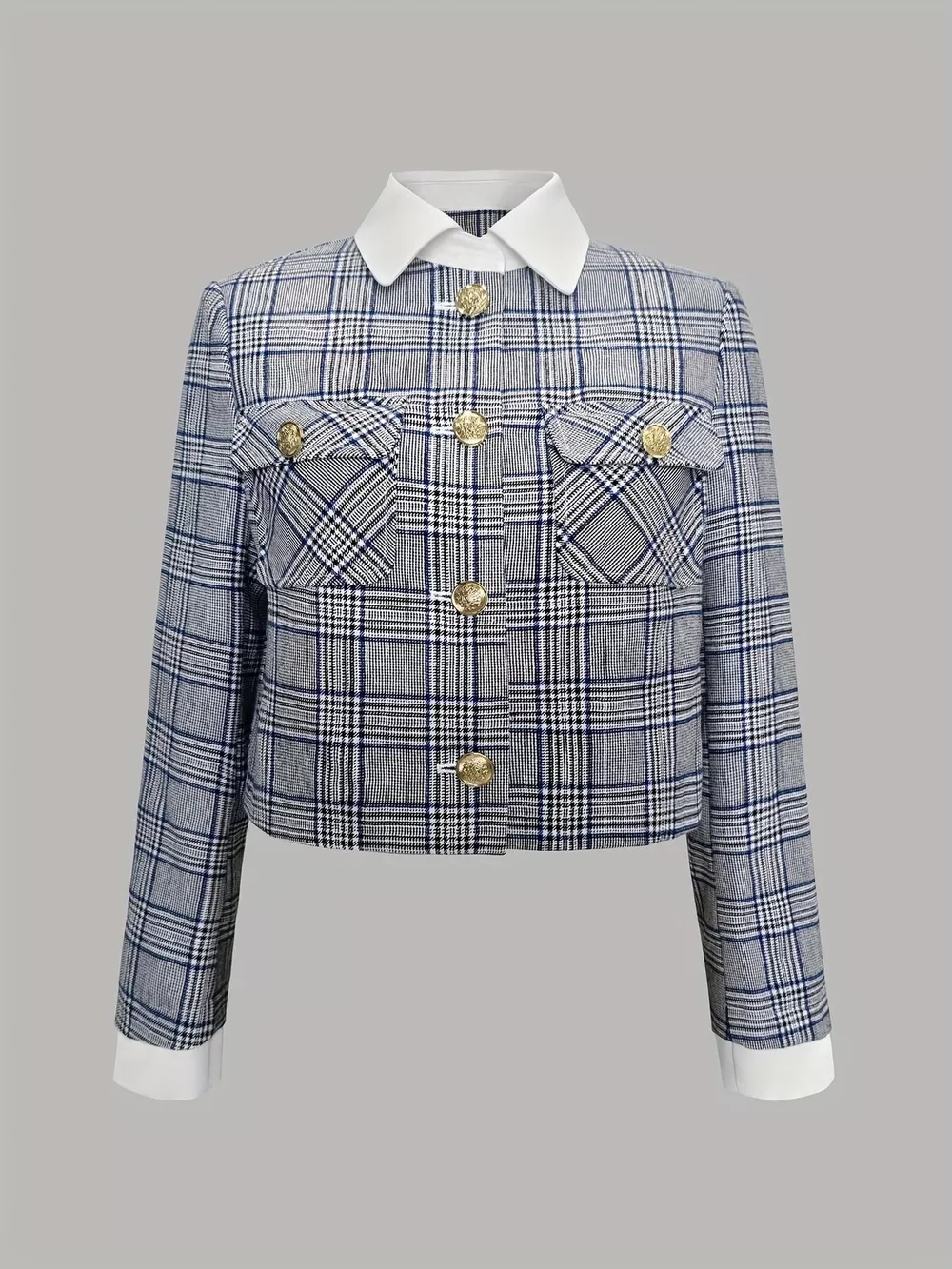 Plaid Cropped Outerwear with Contrast Collar and Gold Buttons, image 4