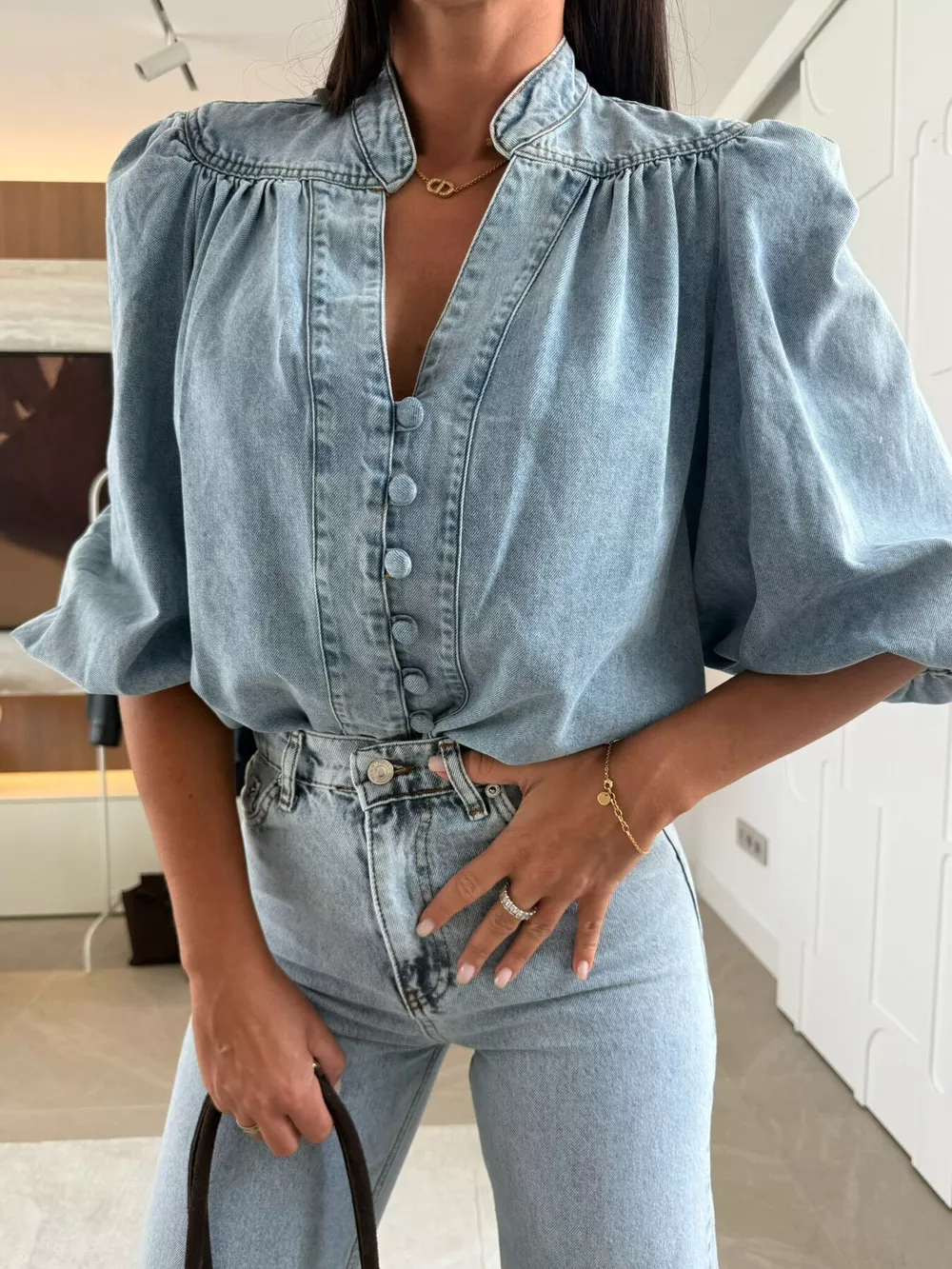 Button-Down Puff Sleeve Denim Top, image 11