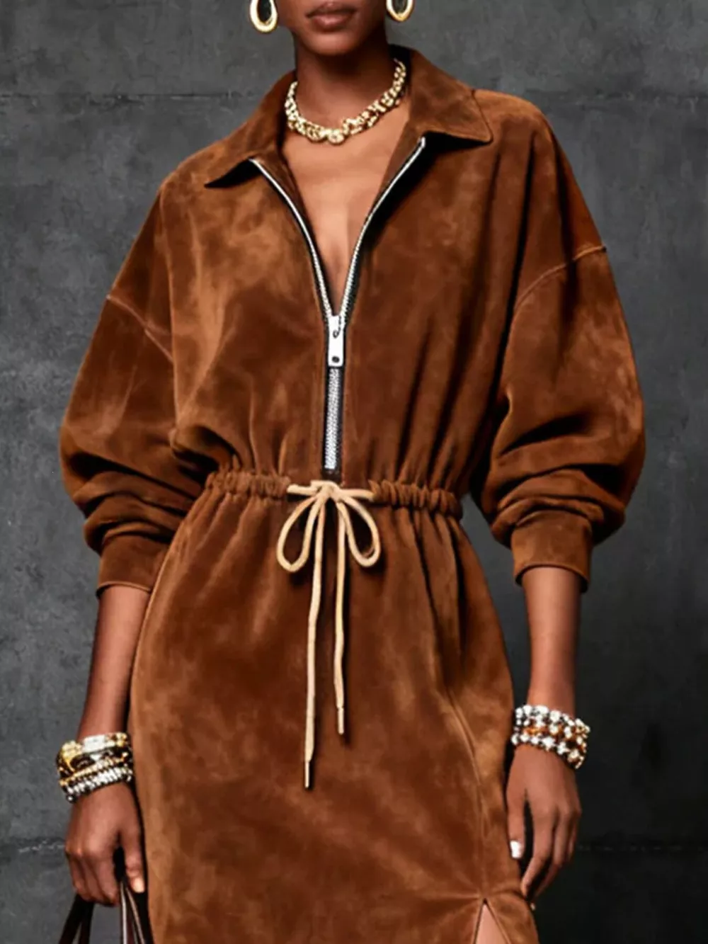 Drawstring Waist Zip-Front Midi Dress, image 4