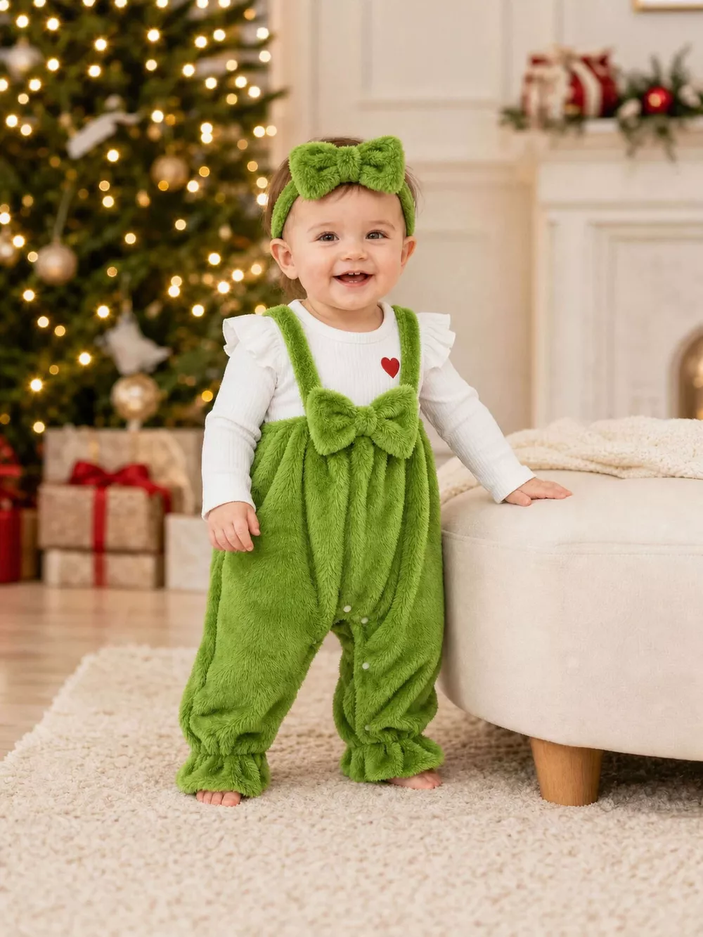 Children's Bow Fuzzy Overalls and Headband Set, image 4