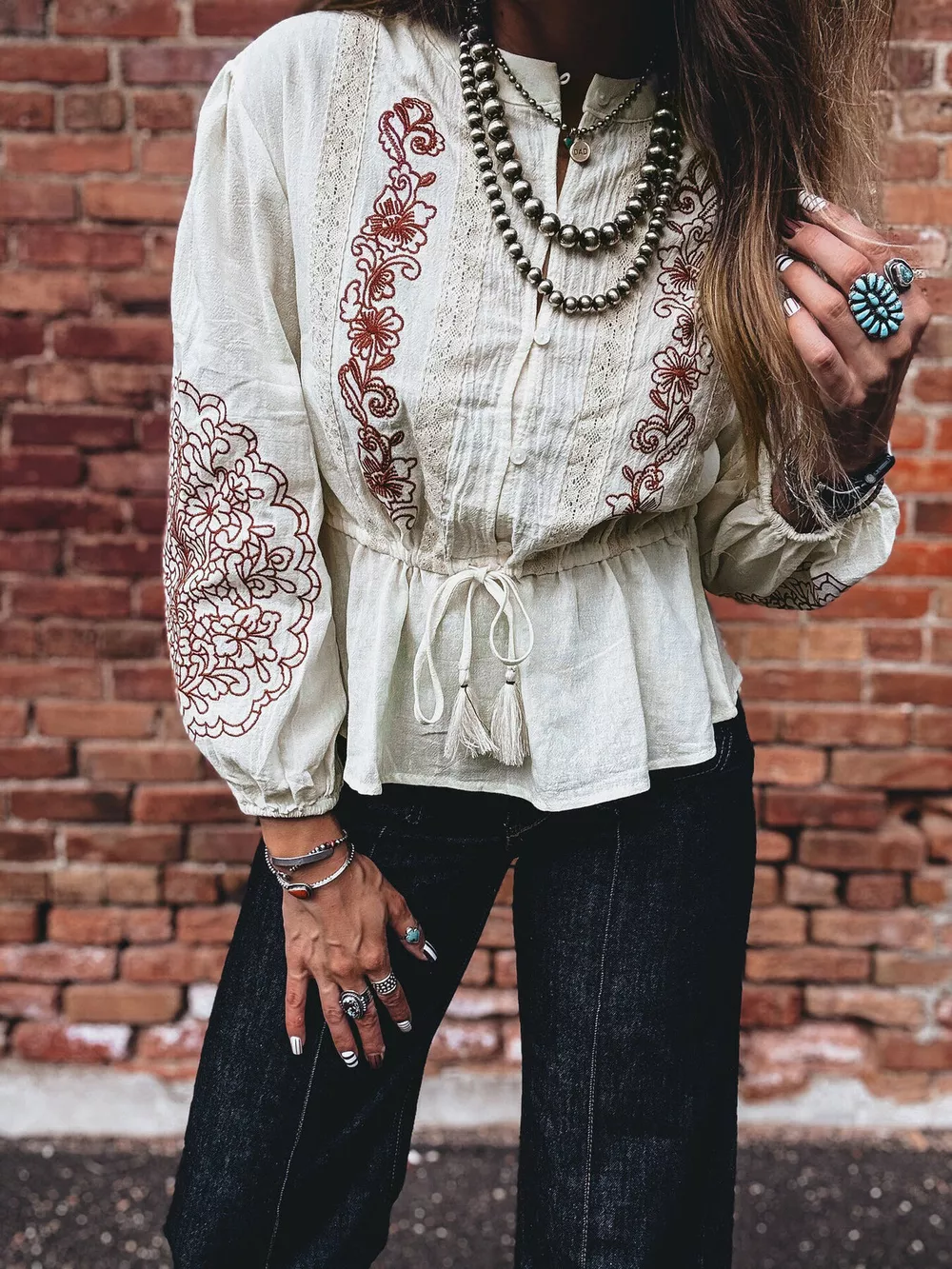 Embroidered Drawstring Waist Blouse, image 2