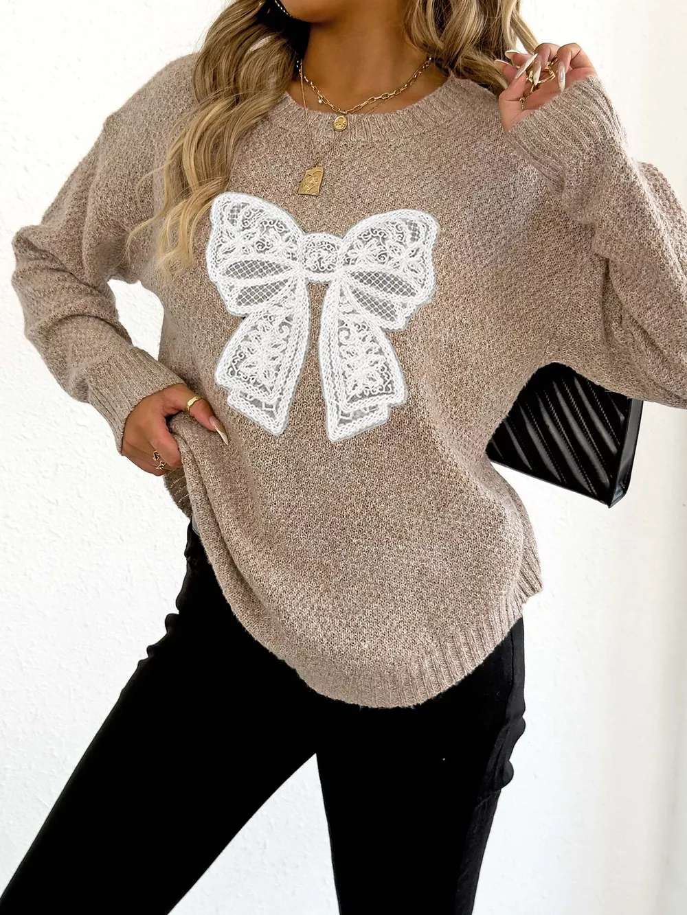 Lace Bow Embroidered Round Neck Sweater, image 5