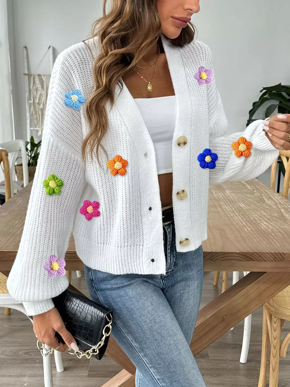 3D Floral Appliques Button Up Cardigan, image 9
