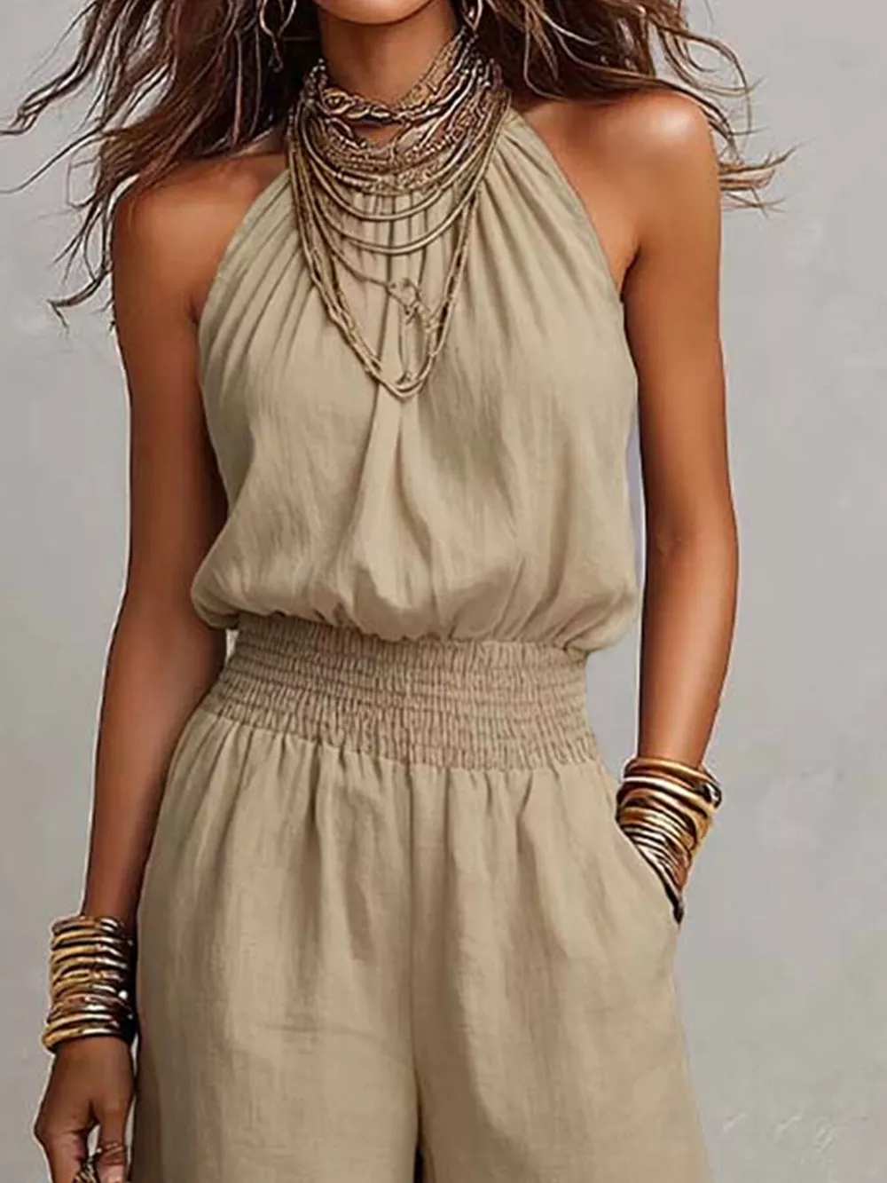 Halter Neck Wide-Leg Jumpsuit with Smocked Waist, image 2