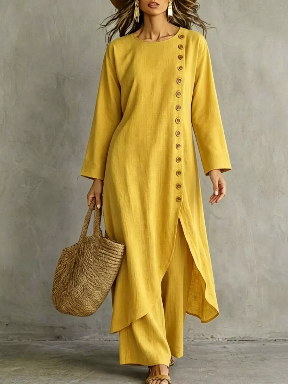Full Size Side-Buttoned Longline Top and Pants Set Plus Size, image 5