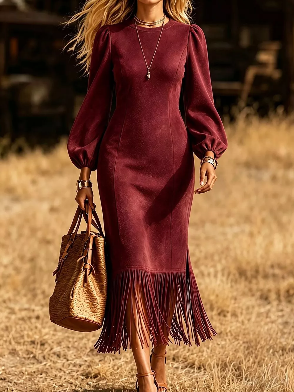 Fringe Hem Balloon Sleeve Midi Dress, image 4