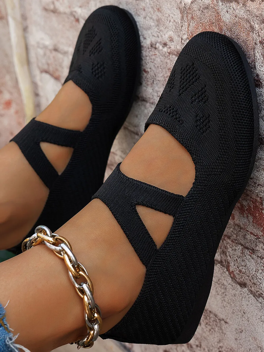 Knit Mary Jane Slip-On Loafers with Strap