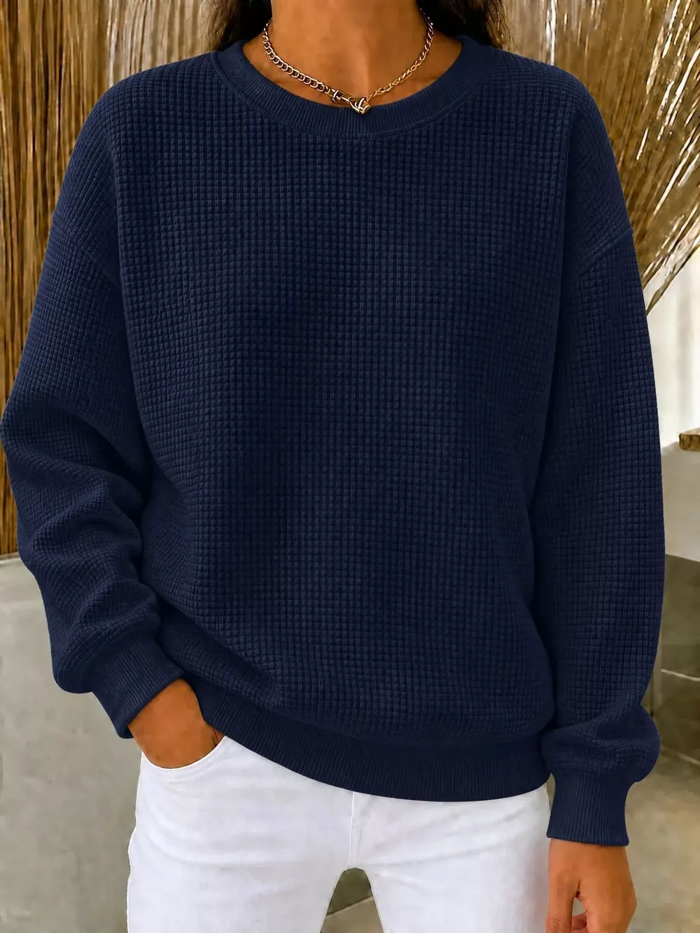 Full Size Waffle Knit Crewneck Sweatshirt Plus Size, image 17