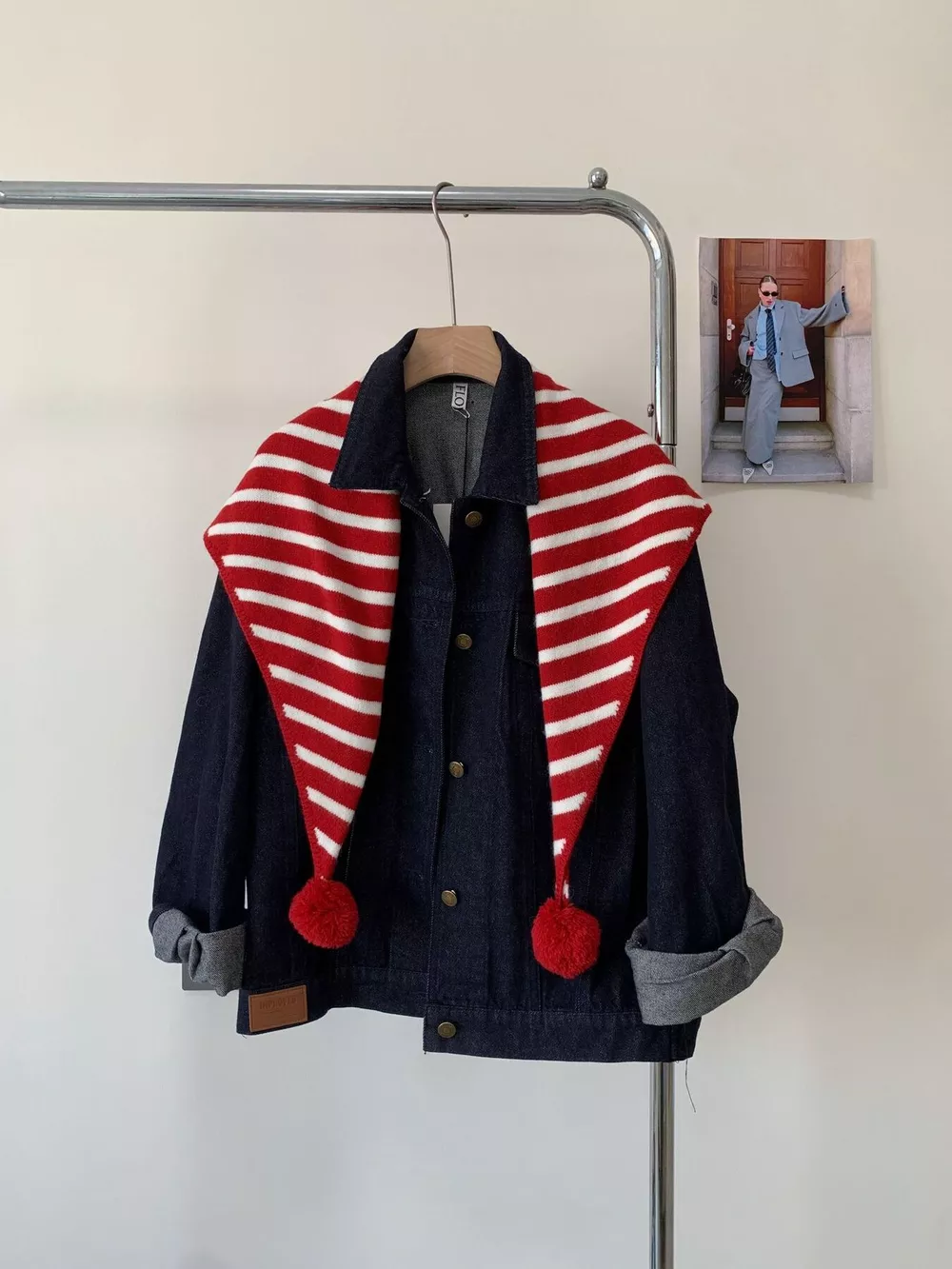 Striped Knitted Scarf with Pom-poms, image 3