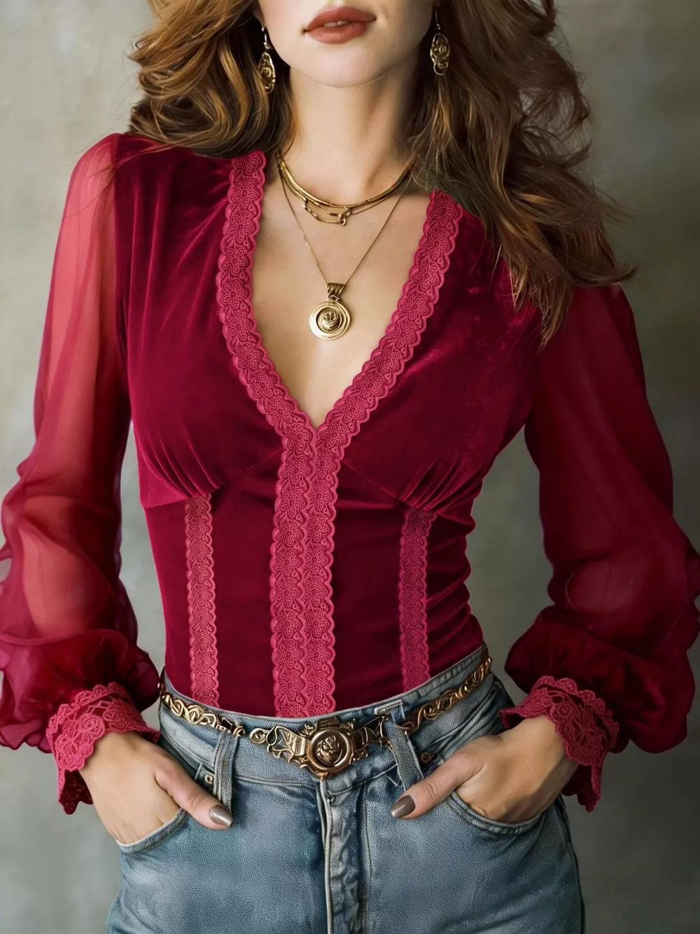 Lace Trim Sheer Long Sleeve Blouse