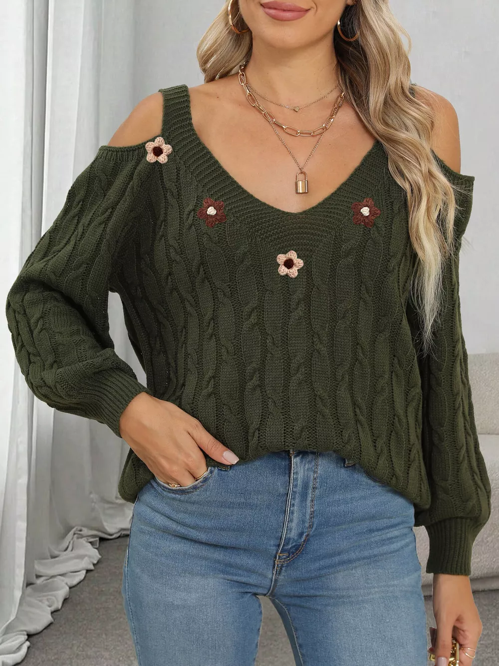 Floral Applique Cold Shoulder Cable Knit Sweater, image 10