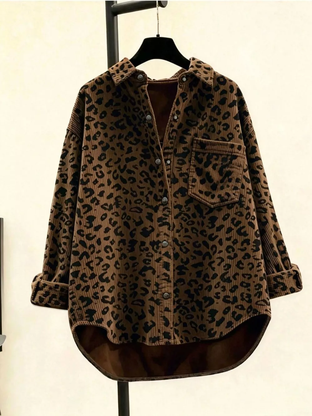 Oversized Leopard Corduroy Button-Down Shirt, image 4