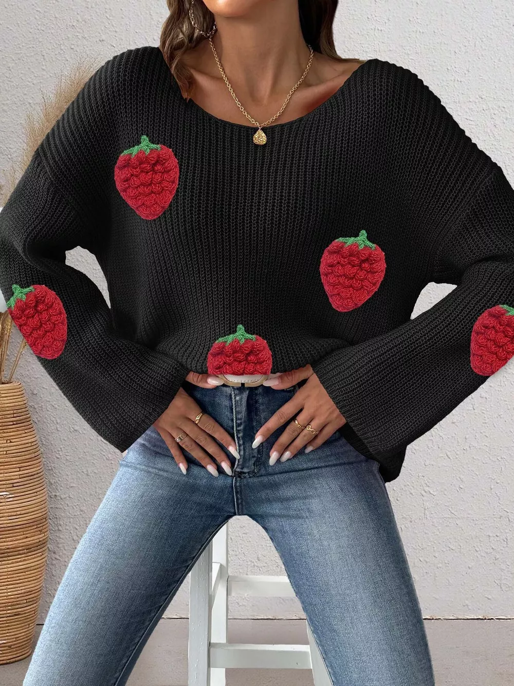 Strawberry Applique Oversized Sweater