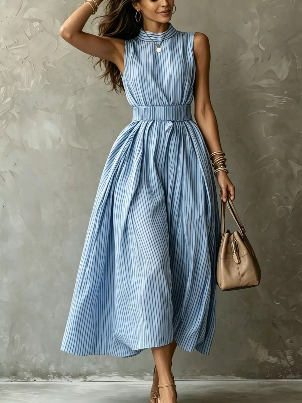 Striped Mock Neck Sleeveless Maxi Dress, image 5