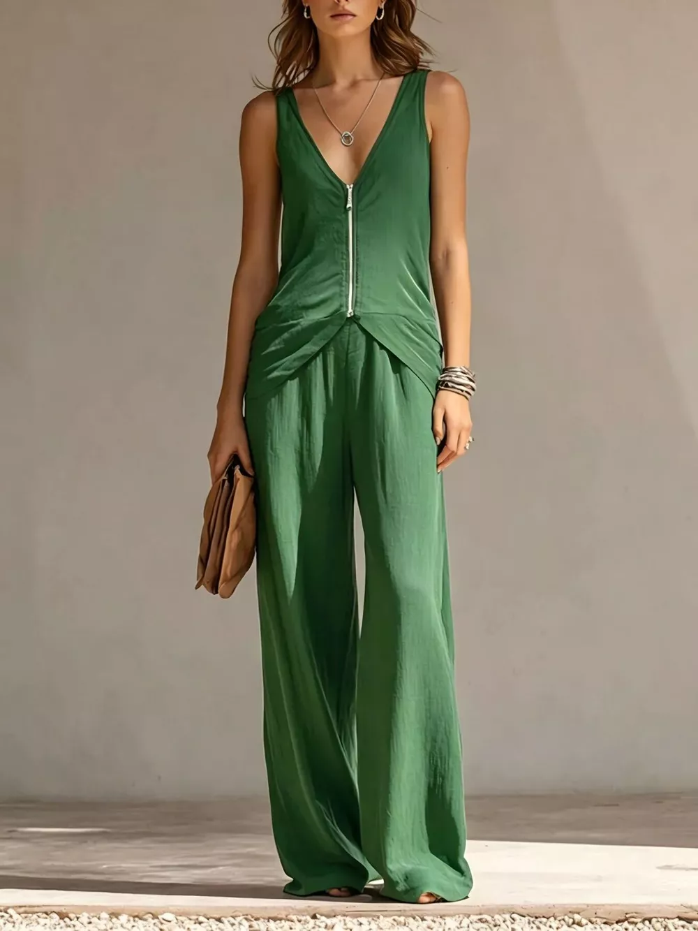 Full Size Zipper Front Tank and Wide-Leg Pants Set Plus Size