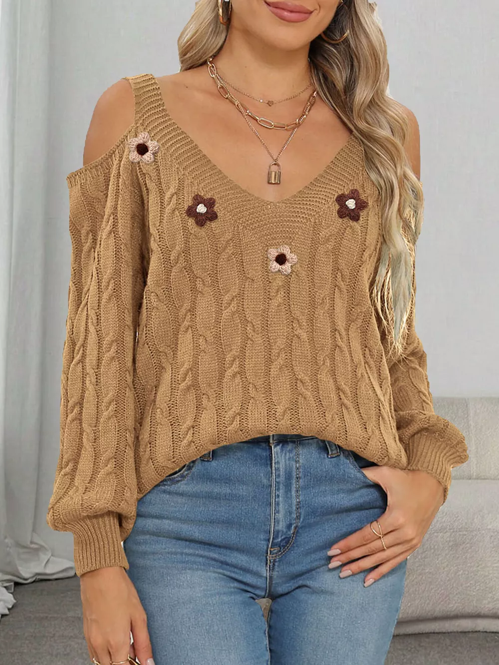 Floral Applique Cold Shoulder Cable Knit Sweater, image 6