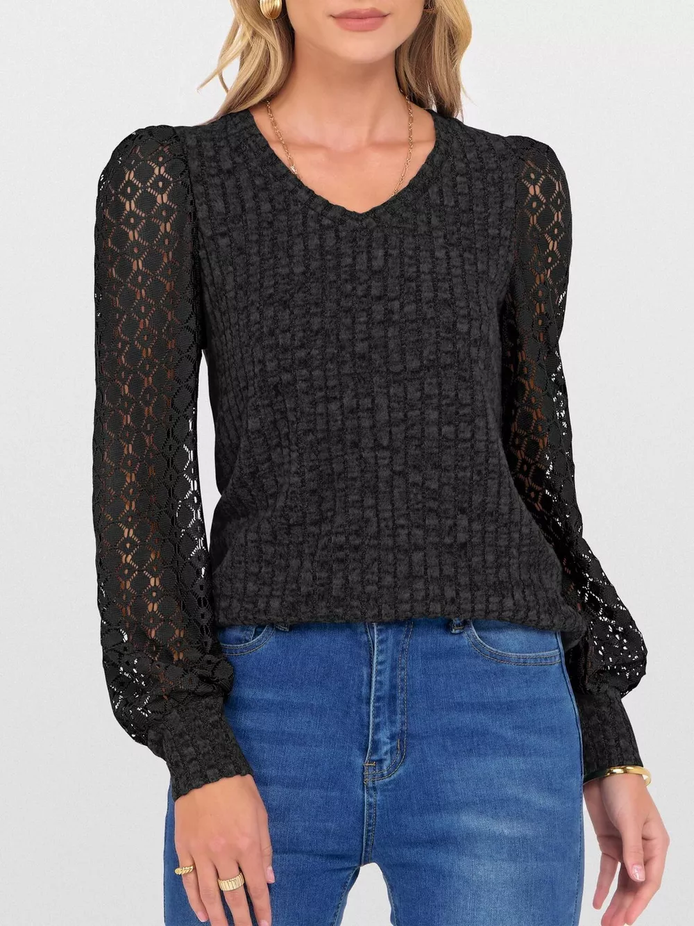 Lace Sleeve V-Neck T-Shirt, image 11