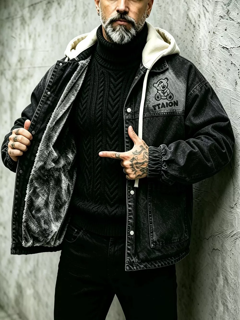 Men's Plus Size Streetwear Washed Snap Down Denim Jacket with Detachable Hood, image 3