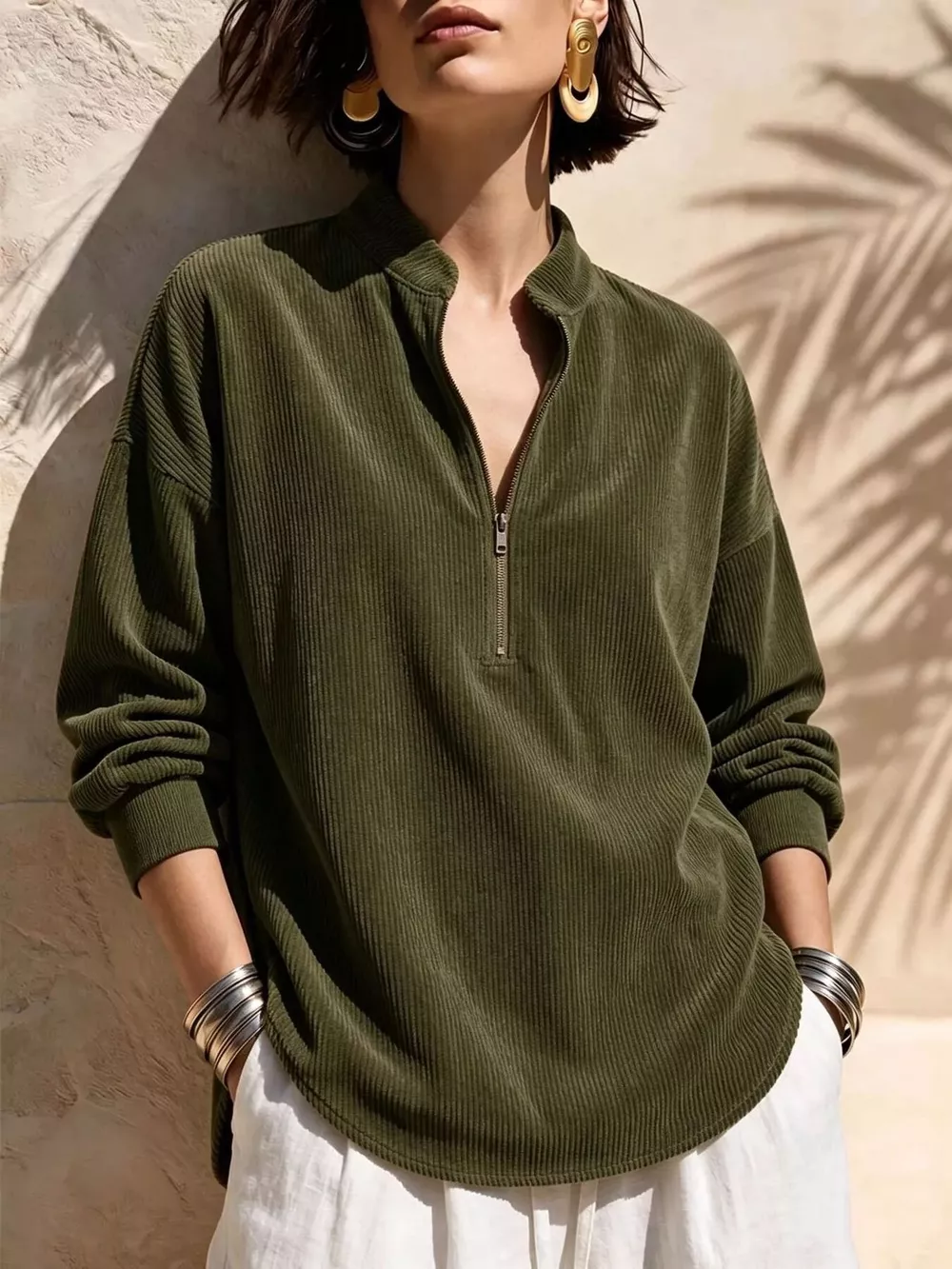 Full Size Half Zip Dropped Shoulder Corduroy Top Plus Size, image 8