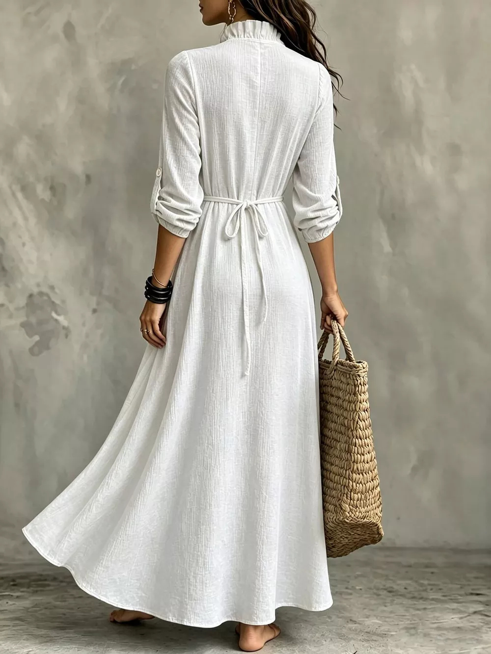 Full Size V-Neck Maxi Dress with Roll-Up Sleeves Plus Size, image 14