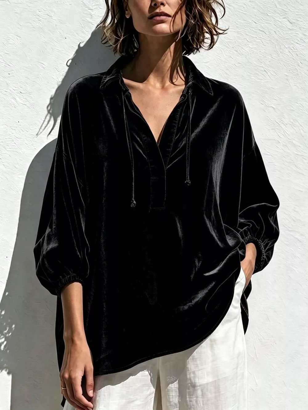 Full Size Oversized Velvet Collared Neck Drawstring Blouse Plus Size, image 3