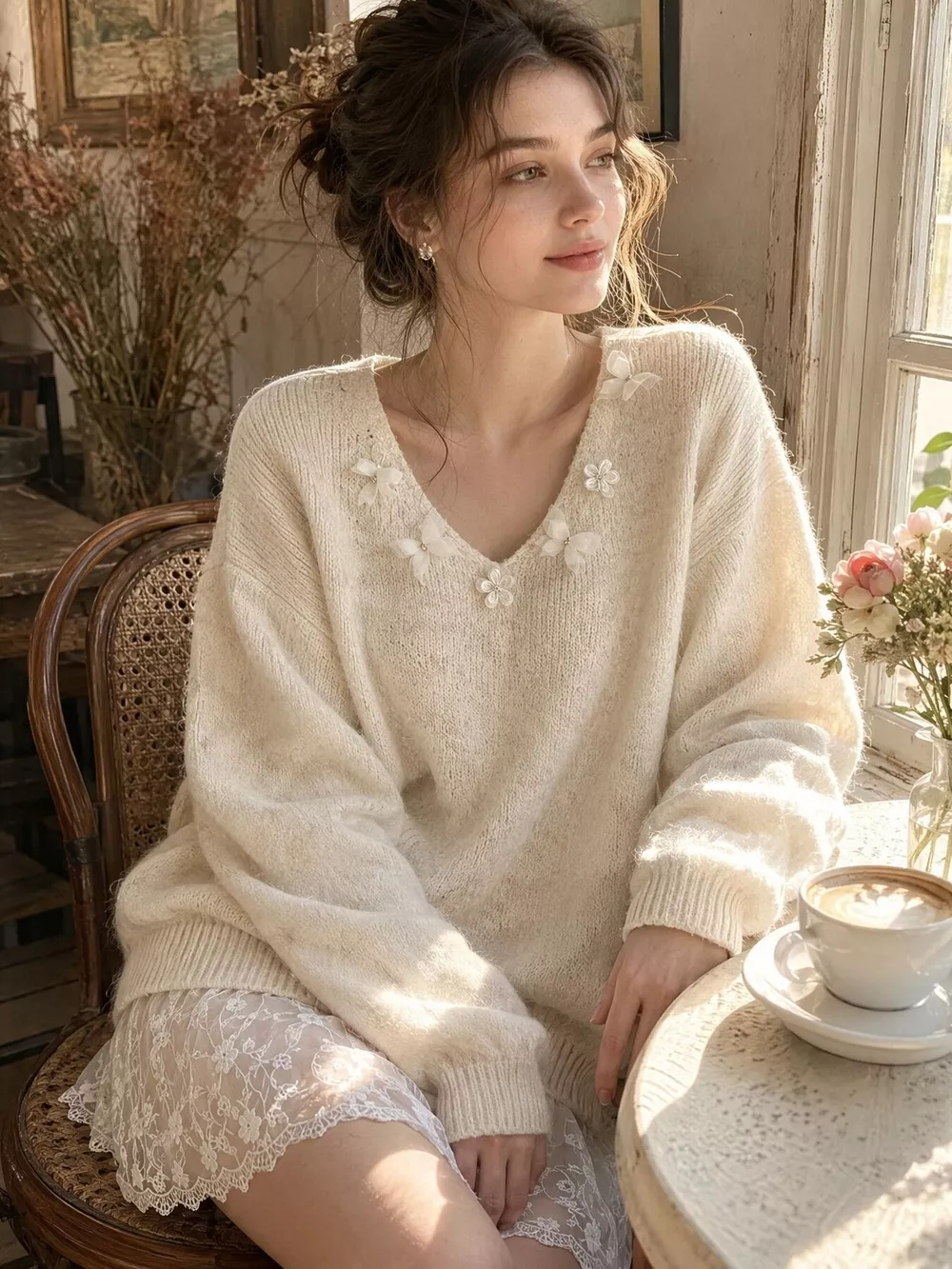 V-Neck Floral Applique Lace Hem Sweater, image 7