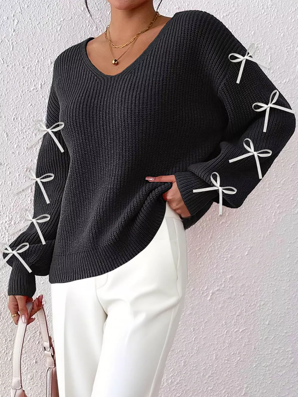 Bow-Tie Sleeve V-Neck Sweater, image 9
