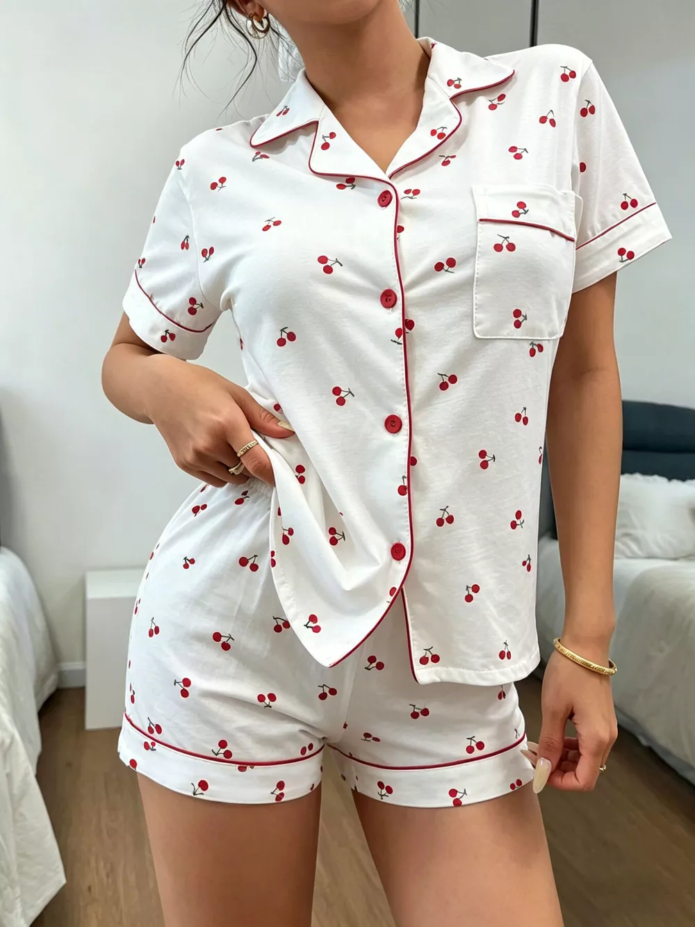 Heart Print Button-Down Short Sleeve Top and Shorts Lounge Set, image 12