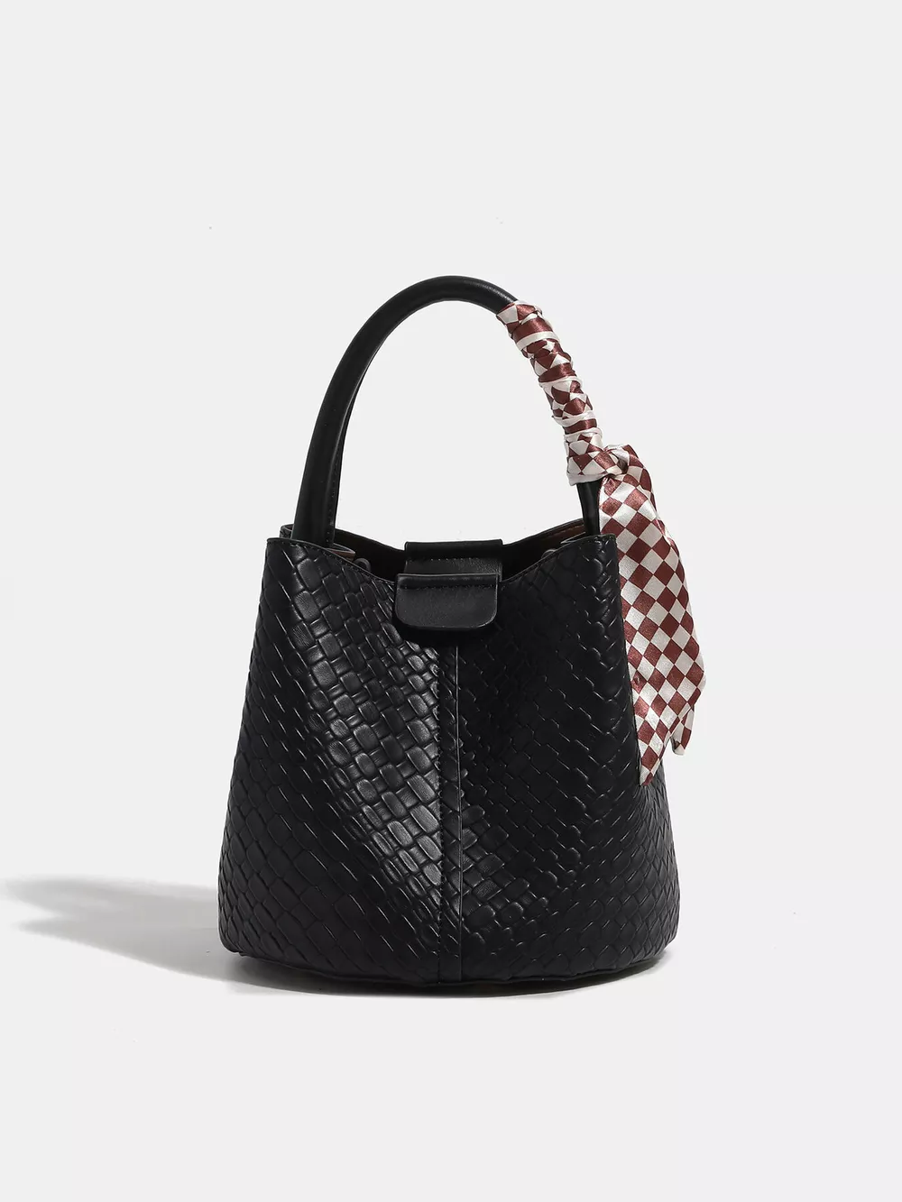 Woven Texture Bucket Handbag with Decorative Scarf, image 2
