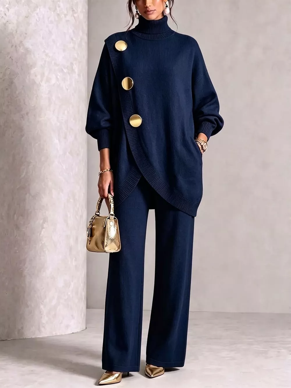Full Size Elegant Turtleneck Asymmetric Button-Decorated Sweater and Pants Set Plus Size, image 11