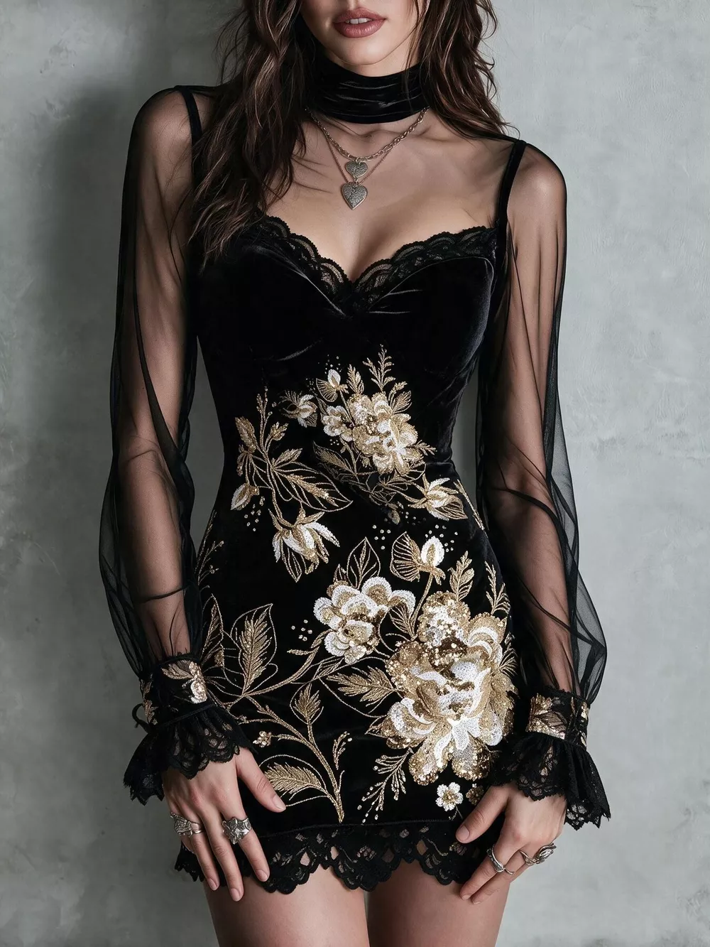 Floral Velvet Mini Dress with Sheer Mesh Sleeves, image 17