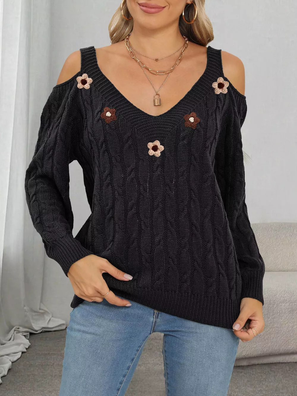 Floral Applique Cold Shoulder Cable Knit Sweater, image 2