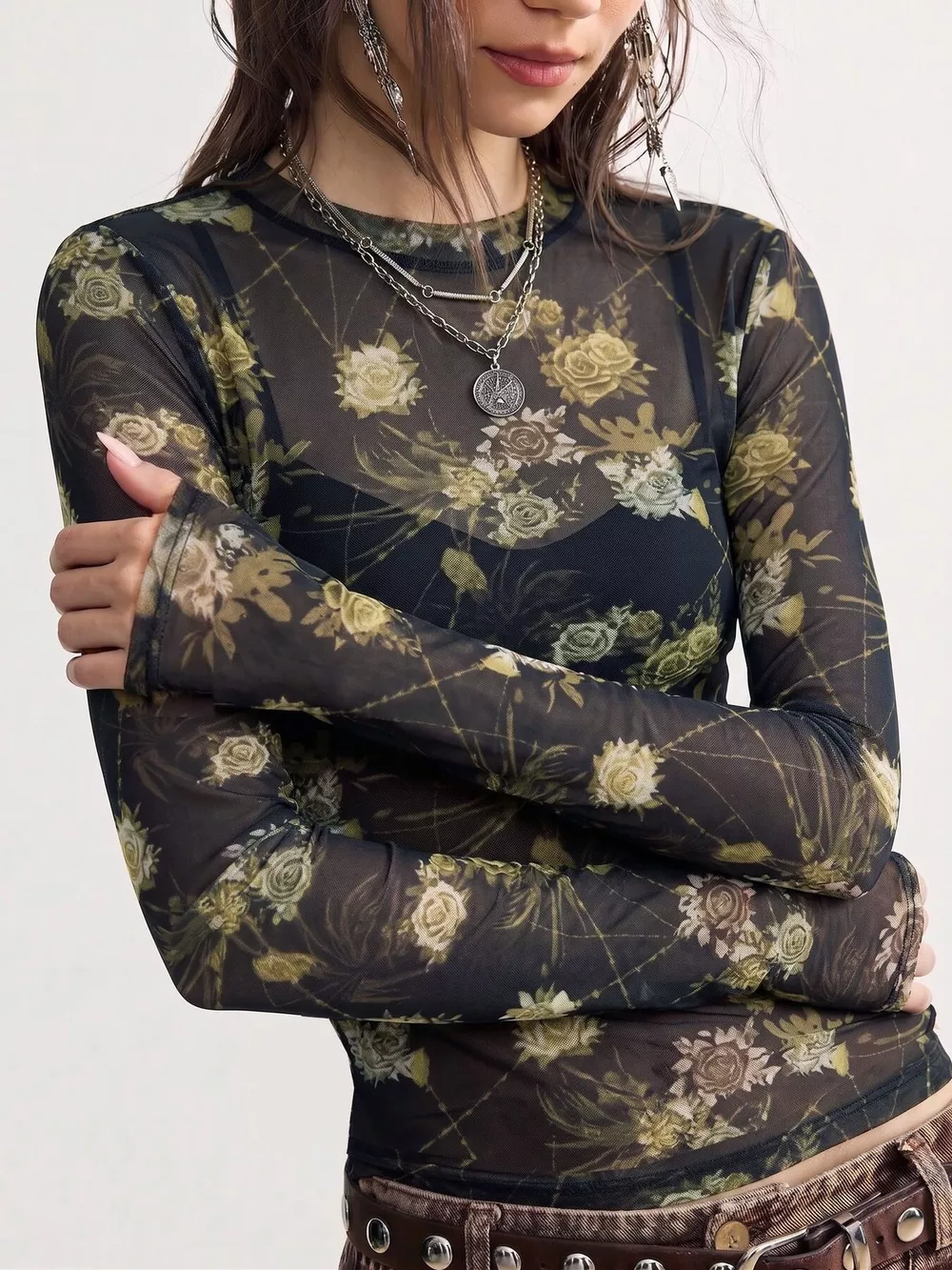 Floral Print Sheer Mesh Long Sleeve T-Shirt, image 2