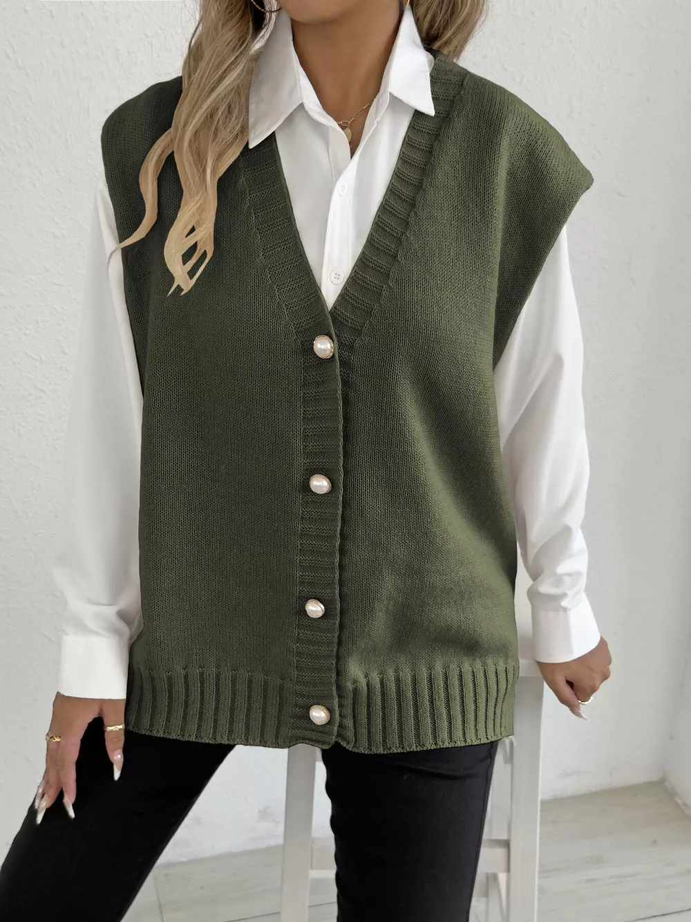 V-Neck Button-Front Knit Sweater Vest, image 14