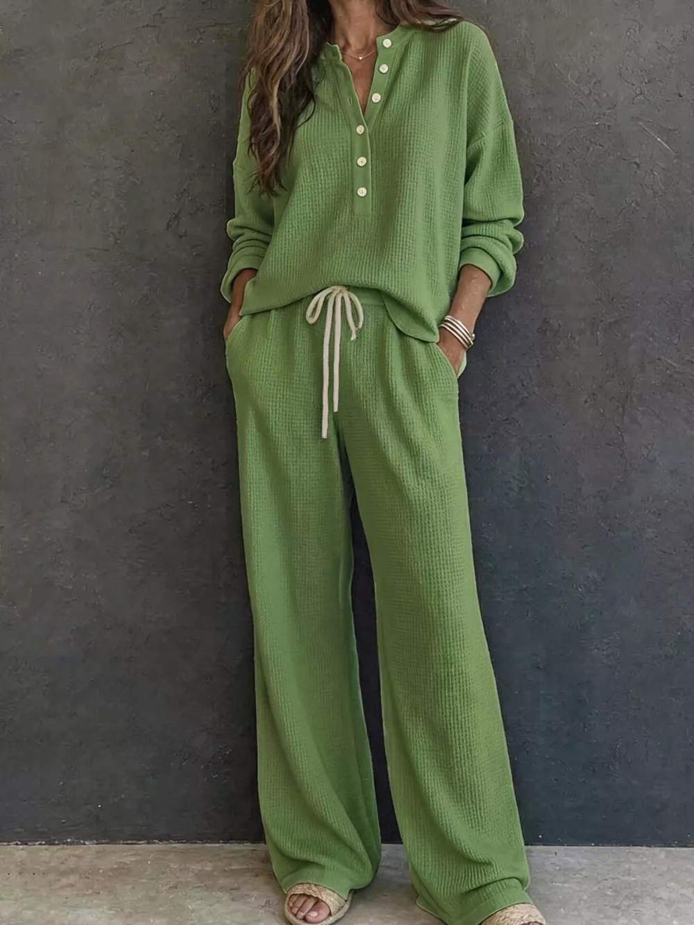 Waffle Knit Button Detail Top and Pants Set, image 10
