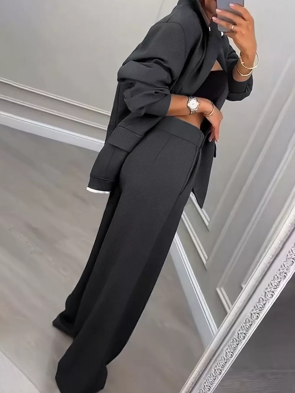 Lapel Collar Blazer and Wide-Leg Pants Two-Piece Set, image 3