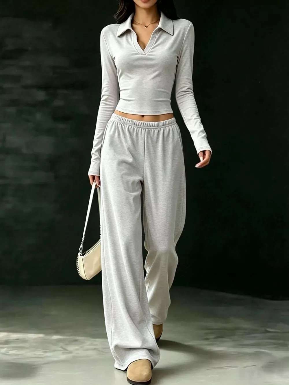 Solid Color Long Sleeve Polo Collar Top and Wide Leg Pants Set, image 16
