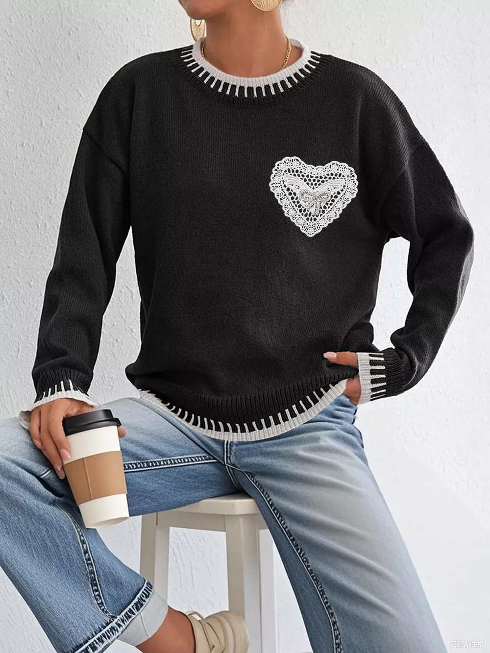 Lace Heart Contrast Trim Sweater, image 2