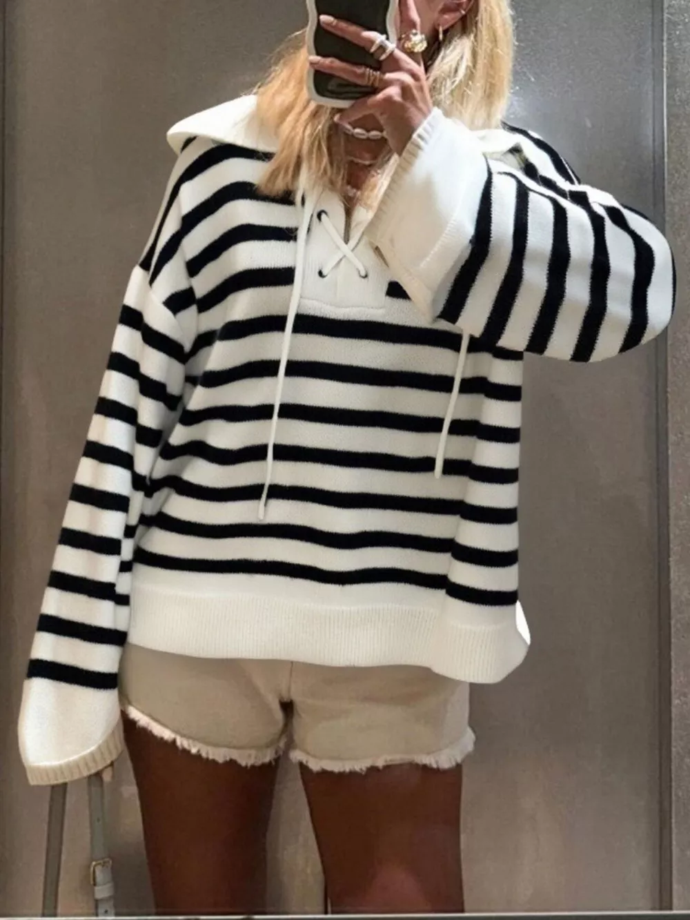 Striped Lace-Up Long Sleeve Sweater