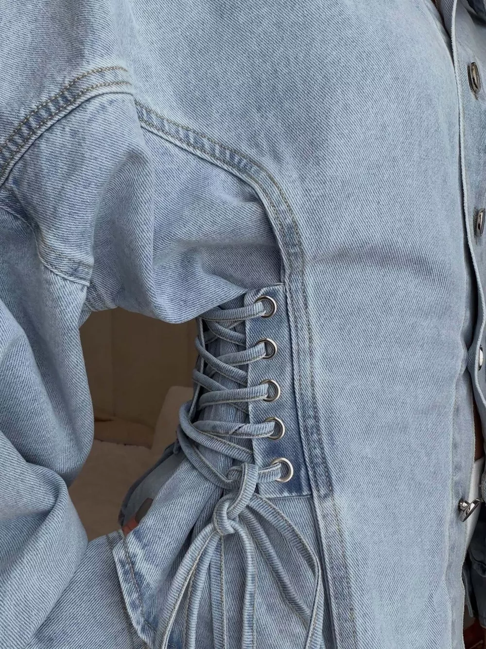 Button Down Lace-Up Side Denim Jacket, image 4