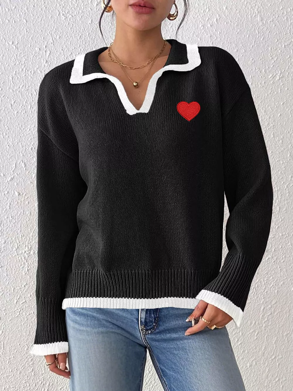 Contrast Trim Heart Embroidered Polo Collar Sweater, image 6